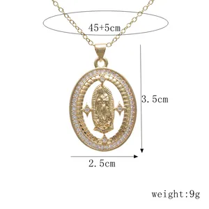 Detailed size guide of gold Virgin Mary pendant necklace with dimensions and weight