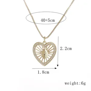 Detailed dimensions of gold Virgin Mary heart pendant necklace with zircon inlay