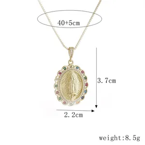 Detail of Virgin Mary pendant necklace with colorful cubic zirconia and dimensions