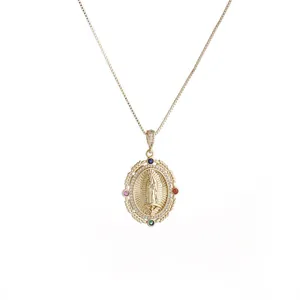 Gold Virgin Mary pendant necklace with multicolor cubic zirconia and box chain