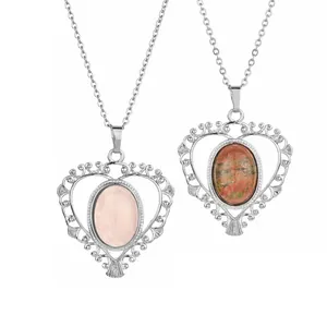 Vintage Hollow Heart Pendant Necklace Stainless Steel Chain With Stone Rose Quartz Amethyst Filigree Jewelry For Women