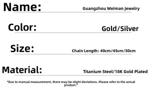 Detailed specs for gold and silver titanium steel necklaces with 40/45/50cm lengths