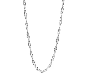 Macro shot of silver water ripple Singapore chain necklace with polished twist link design