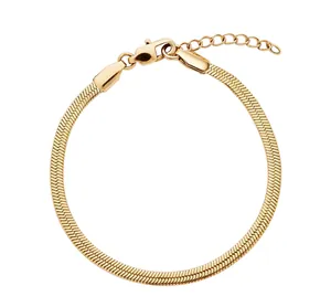 Detailed view of golden flat snake chain bracelet with adjustable lobster clasp closure