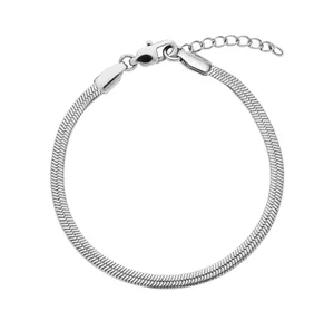 Detail of silver flat snake chain bracelet with lobster clasp and extension link