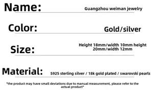 Maattabel voor S925 zilveren pareloorbellen in goud en zilver met afmetingen