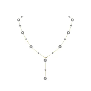 French vintage Y-shaped long necklace with grey pearls and elegant gold tassel chain
