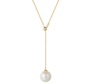 Detailed view of the gold Y-shaped necklace with a large white pearl and delicate chain