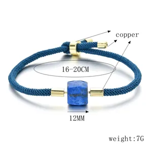 Detailed view of handmade woven rope bracelet with 12mm square blue natural stone