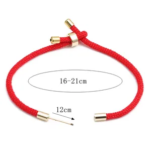 Adjustable red braided rope bracelet with gold metal clasp showing 16-21cm size range