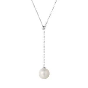Elegant silver Y-shaped necklace with a lustrous white pearl pendant and adjustable chain