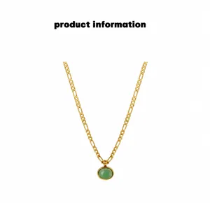 Detail of green aventurine pendant on golden Figaro chain with product information text