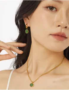 Close-up of green aventurine pendant necklace and earrings on model neck
