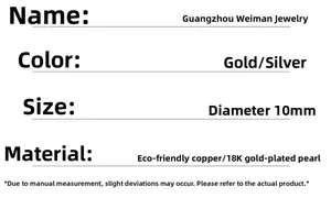 Specifications for 10mm round pearl earrings in 18K gold plating and eco-friendly copper