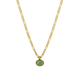 Gold Figaro chain necklace featuring an oval green aventurine stone pendant for women