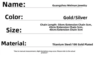 Specifications of 18K gold plated titanium steel chain necklace in various sizes