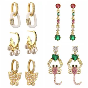 Mode Koper Vergulde Geometrische Vlinder Slang Oorknopjes Met Zirconia Kunstparel Hangende Oorbellen Voor Vrouwen Sieraden