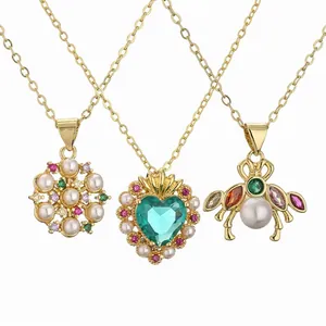 Vintage Copper Zirconia Artificial Pearl Pendant Necklace Gold Plated Heart Bee Owl Cat Bear Flower Jewelry For Women Elegant Party Accessory