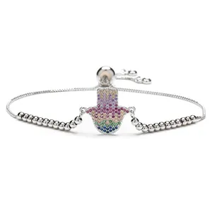 Adjustable silver Hamsa bracelet with colorful zircon stones and pull-slide buckle
