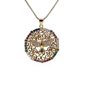 Collier rond doré avec pendentif colombe de la paix et pierres de zircon colorées