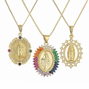 Collana Religiosa con Ciondolo Vergine Maria Placcata in Oro Rame Zirconia Colorata Gioielli Religiosi per Uomo Donna Catena Veneziana