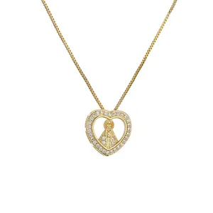 Collana con pendente a cuore placcato oro con zirconi incastonati e icona sacra