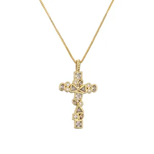 Collana croce dorata con pendenti geometrici in zircone e catena in acciaio titanio