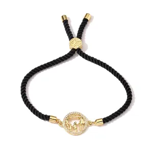 Adjustable black cord bracelet with gold tree of life and family silhouette charm