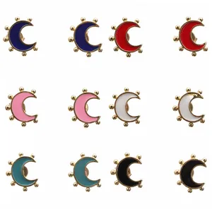 Crescent Moon Stud Earrings Copper Gold Plated Enamel With Small Beads Simple Sweet Fashion Jewelry For Women