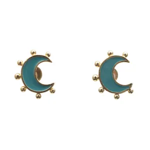 Minimalist moon shaped earrings in gold-plated brass with teal enamel inlays