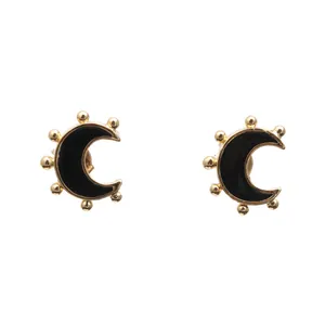 Gold-plated crescent moon stud earrings with black enamel inlay and decorative spheres