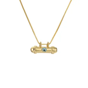 Χρυσό κολιέ με κυλινδρικό μενταγιόν Evil Eye με μπλε ζιργκόν και κομψή αλυσίδα