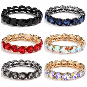 Heart Shaped Elastic Bracelet Alloy Glass Rhinestone Sparkling Trendy Chic Wristband Jewelry Accessory Gift For Women