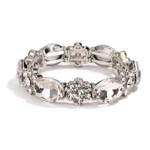 Elastic alloy bracelet featuring clear crystals and floral geometric rhinestone designs