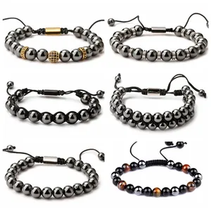 Handgefertigtes Perlenarmband Natürliches Tigerauge Hämatit Stein Verstellbares Gewebtes Seil Schmuck Geschenk Unisex