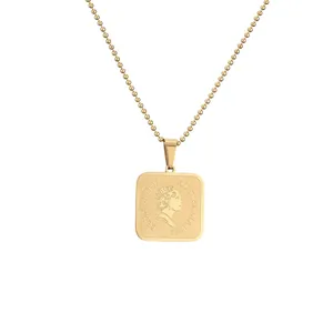 Gold square Elizabeth II coin pendant necklace with a vintage matte titanium finish