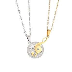 Stainless Steel Couple Pendant Necklace For Lovers Engraved Love Heart Music Note Puzzle Key Lock Rhinestone Jewelry Gift
