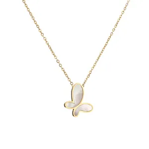 Golden butterfly necklace with iridescent white mother-of-pearl shell inlay for women