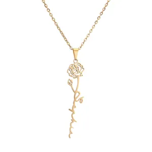 Collier en acier inoxydable doré avec pendentif fleur de rose et prénom Sophia