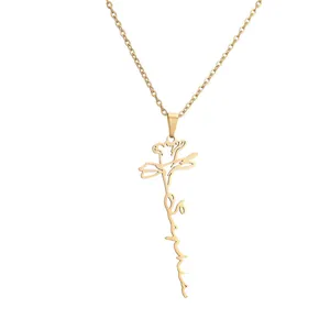 Collier en acier inoxydable doré avec fleur de naissance et pendentif prénom gravé