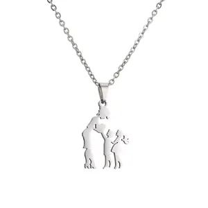 Polished stainless steel family necklace featuring a mother, son, and daughter silhouette pendant