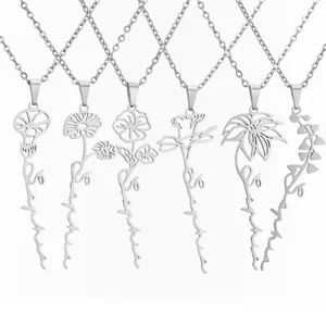 Collier Pendentif Fleur de Naissance en Acier Inoxydable pour Femme Collier Lettre Creuse Botanique Florale Minimaliste Bijoux de Mode Cadeau