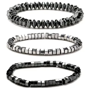 Bracelet de Perles Magnétique en Hématite pour Hommes Femmes Bijoux en Pierre Élastique Guérison Perles Géométriques Cube Rond Cylindre Cadeau