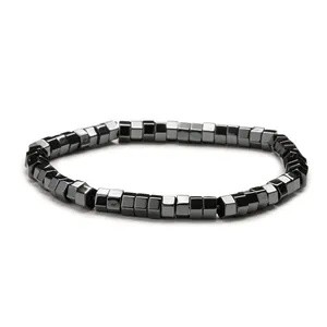 Bracelet pour homme en hématite magnétique 8mm avec perles cubes et éclat sombre