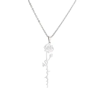 Collier fleur de naissance personnalisé en acier inoxydable avec pendentif rose et nom