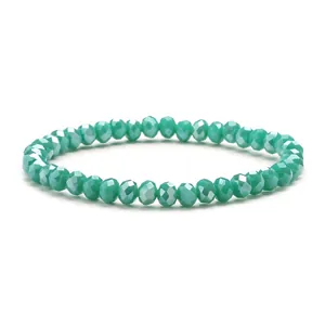 Sparkling green faceted crystal glass beaded bracelet with 6mm beads on white background