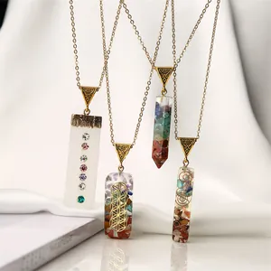 Rectangular Natural Stone Resin Pendant Necklace Flower Of Life 7 Chakra Orgonite Energy Healing Jewelry For Women