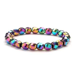 8mm Magnetit-Perlenarmband mit regenbogenfarbenem Finish und geometrischen Facetten