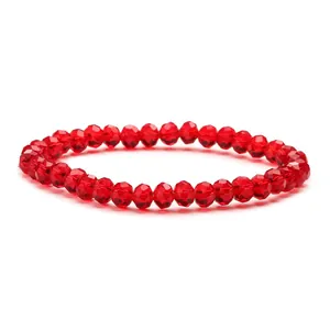 Sparkling 6mm red faceted crystal glass beaded bracelet with elastic cord on white background