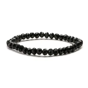 Minimalist 6mm faceted black crystal glass beads bracelet with sparkling light reflection